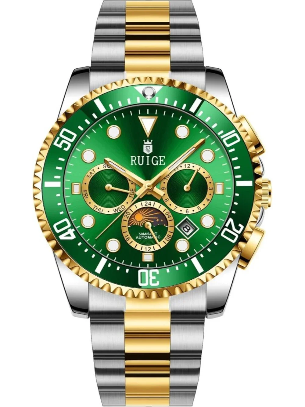 Men's Green Two-Tone Gold Steel Mechanical Waterproof Luminous Wrist Watch